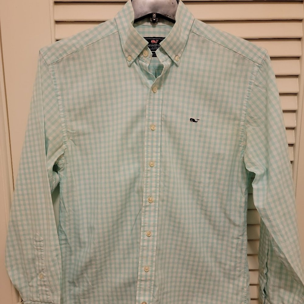 Vinyard Vines Whale Shirt, Men's Size Small Teal Gingham Shirt